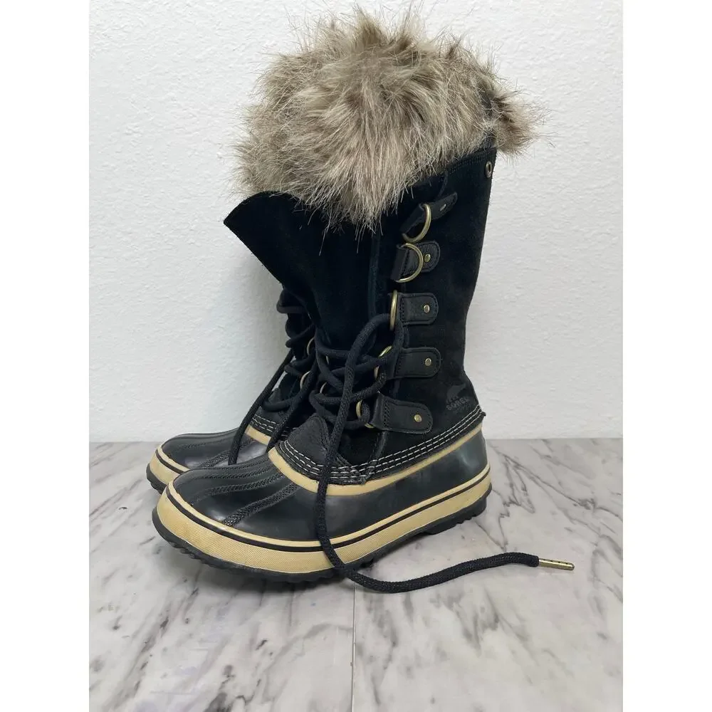 Sorel Joan of Arctic Boots Womens 7 Black Suede Faux Fur Waterproof Winter Snow